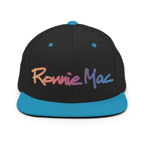 Ronnie Mac gradient embroidered snapback hat with black crown and teal brim, featuring a structured fit and adjustable closure.