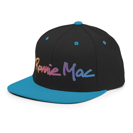 Ronnie Mac gradient embroidered snapback hat with black body and teal brim, featuring a classic fit and adjustable closure.