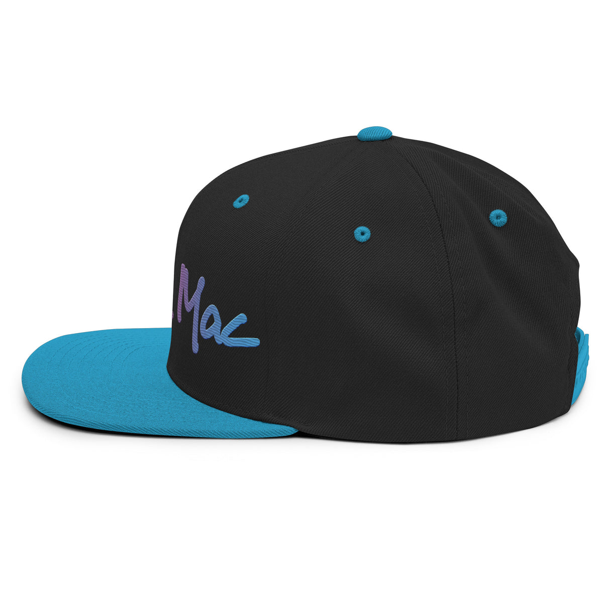 Ronnie Mac gradient embroidered snapback hat featuring a flat brim and adjustable snap closure in black and teal colors.