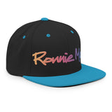 Ronnie Mac gradient embroidered snapback hat with black body and teal flat brim, featuring a classic fit and adjustable closure.