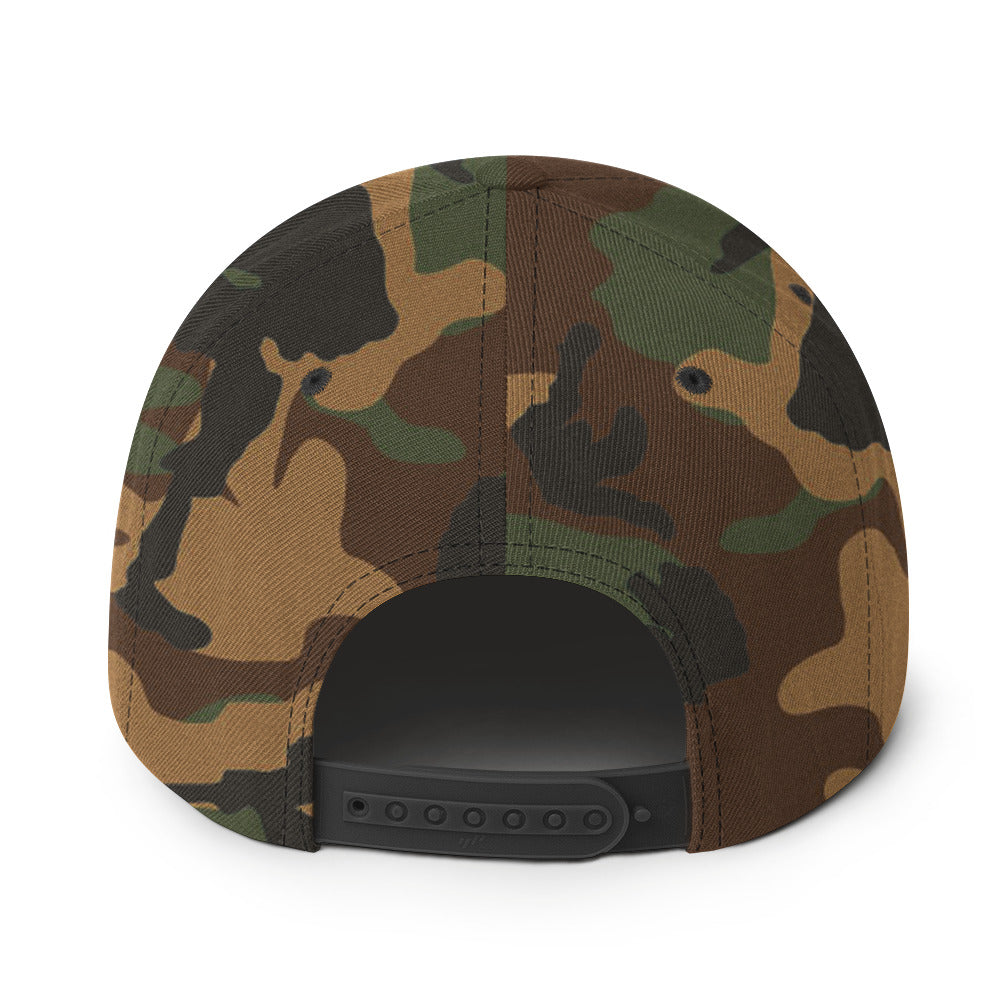 Camouflage Fulltime Badass snapback hat back view with adjustable strap, designed for bold style and comfort.