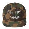 Camouflage snapback hat with "Full Time Badass" embroidered text from Ronnie Mac's store.