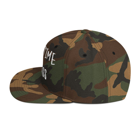 Camo "Fulltime Badass" Embroidered Snapback Hat with flat brim from Ronnie Mac's store, side view.