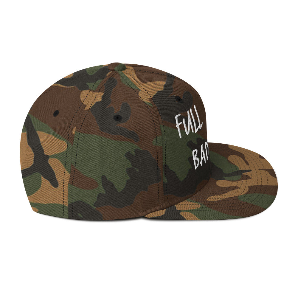 Camouflage "Fulltime Badass" embroidered snapback hat with bold design from Ronnie Mac's store.