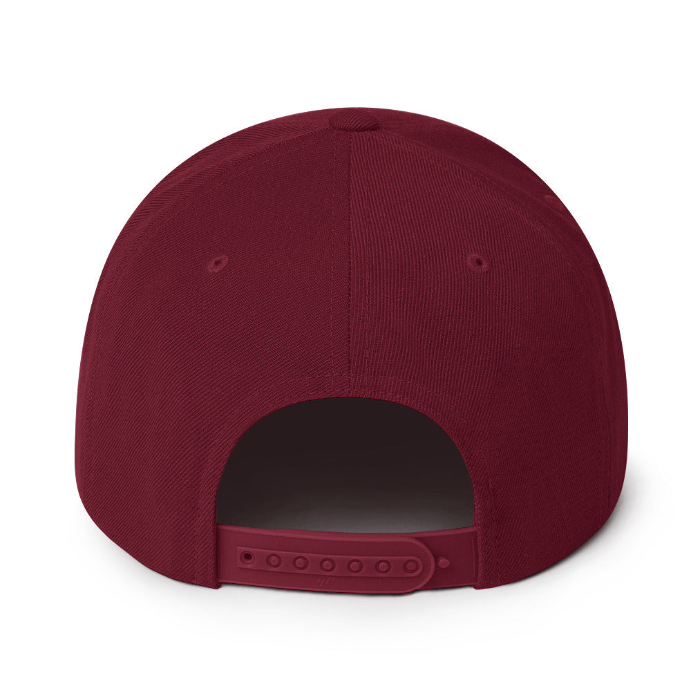 Back view of King of Moto embroidered snapback hat in burgundy, showing adjustable plastic snap closure for a perfect fit.