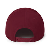 Back view of King of Moto embroidered snapback hat in burgundy, showing adjustable plastic snap closure for a perfect fit.