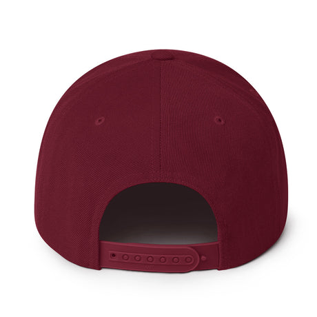 Back view of King of Moto embroidered snapback hat in burgundy, showing adjustable plastic snap closure for a perfect fit.