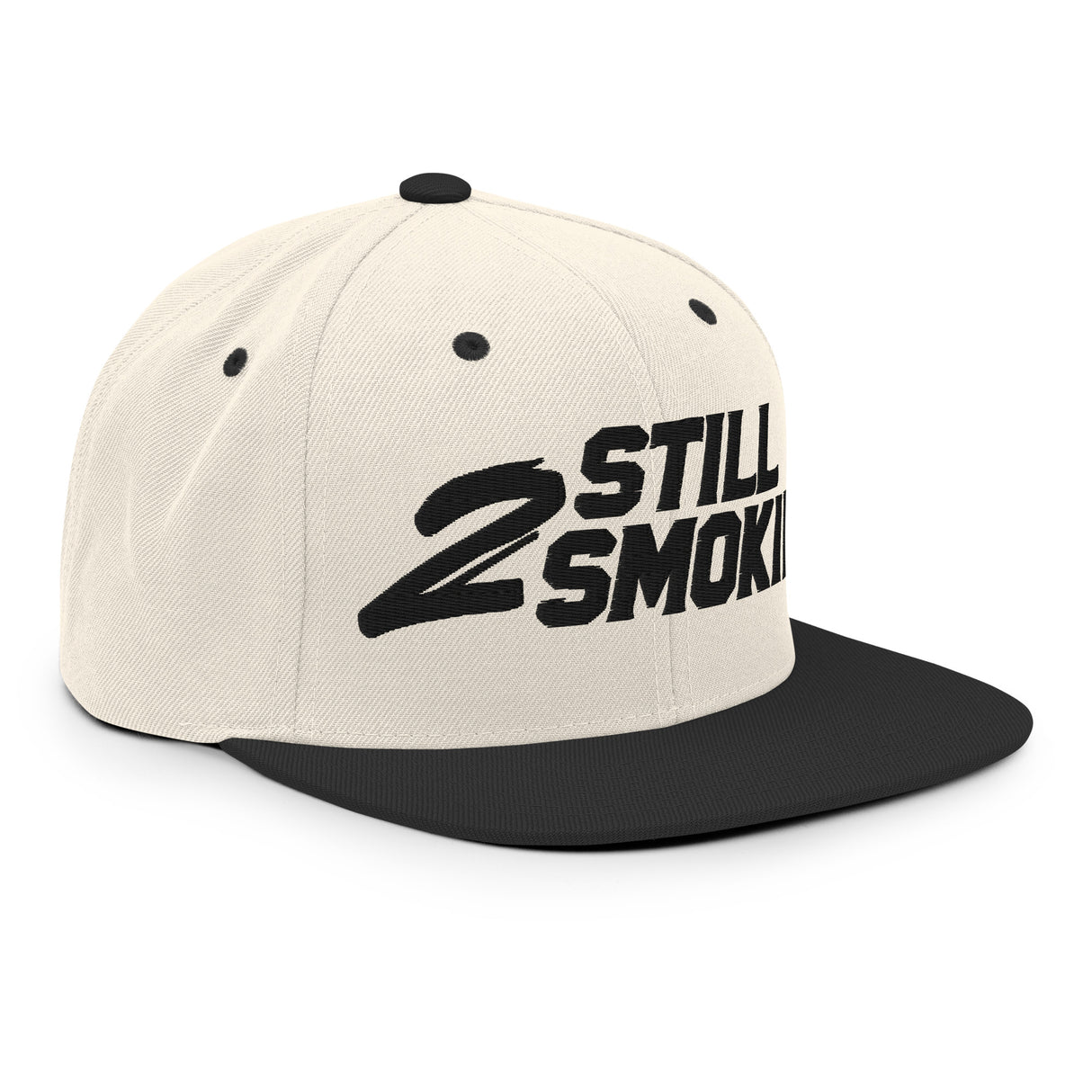 "2 Still Smoking embroidered snapback hat with flat brim and structured design featuring bold black lettering on cream fabric"