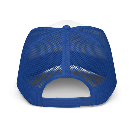 Blue mesh back of Ride Fast Foam Trucker Hat with adjustable snap closure.