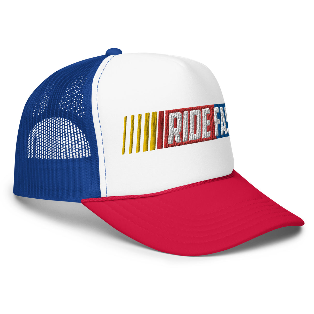 Ride Fast Foam Embroidered Trucker Hat with blue mesh and red visor, featuring a high-profile structured design.