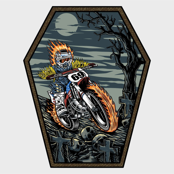 Ghost Rider sticker featuring skeleton Ronnie Mac on fiery motorcycle in haunted graveyard.