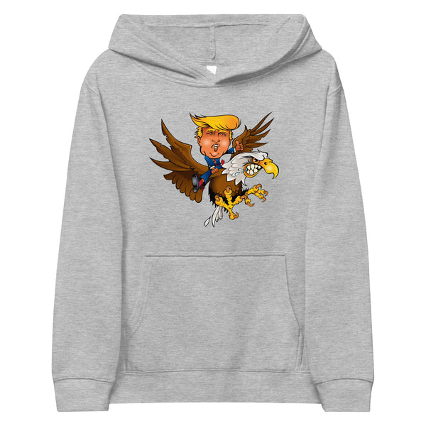 Youth hoodie featuring cartoon Trump riding a majestic eagle, symbolizing adventure and leadership in a bold design.