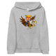 Youth hoodie featuring cartoon Trump riding a majestic eagle, symbolizing adventure and leadership in a bold design.