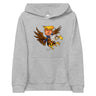 Youth hoodie featuring cartoon Trump riding a majestic eagle, symbolizing adventure and leadership in a bold design.