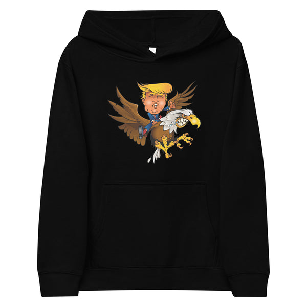 Youth hoodie featuring a cartoon image of Trump riding an eagle, symbolizing leadership and adventure.