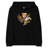 Youth hoodie featuring a cartoon image of Trump riding an eagle, symbolizing leadership and adventure.