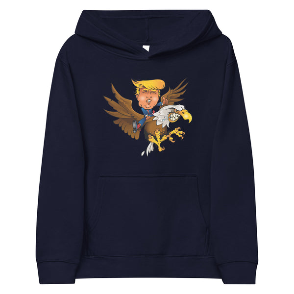 Youth hoodie featuring cartoon Trump riding an eagle, symbolizing leadership and adventure.