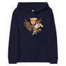 Youth hoodie featuring cartoon Trump riding an eagle, symbolizing leadership and adventure.