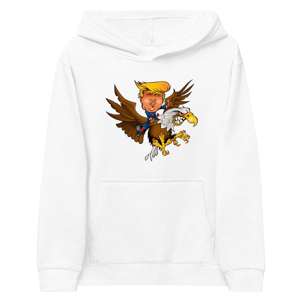 Youth hoodie with a cartoon Trump riding a bald eagle, symbolizing adventure and leadership.