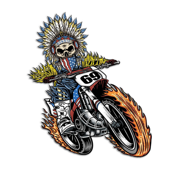 Skeletal Ronnie Mac as Ghost Rider on a flaming motorcycle, adorned with an epic crown, embodying the King of Moto spirit.