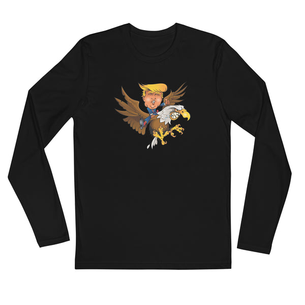 Long sleeve shirt featuring a cartoon of Trump riding a screaming eagle, symbolizing leadership and vision.