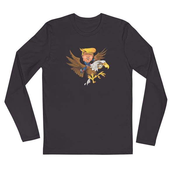 Donald Trump riding a screaming eagle graphic on a black long sleeve shirt, showcasing bold style and comfort.