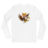 Trump riding a screaming eagle on a white long sleeve shirt, embodying leadership and confidence.