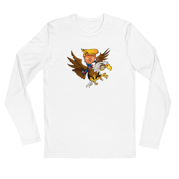 Trump riding a screaming eagle on a white long sleeve shirt, embodying leadership and confidence.