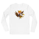 Trump riding a screaming eagle on a white long sleeve shirt, embodying leadership and confidence.