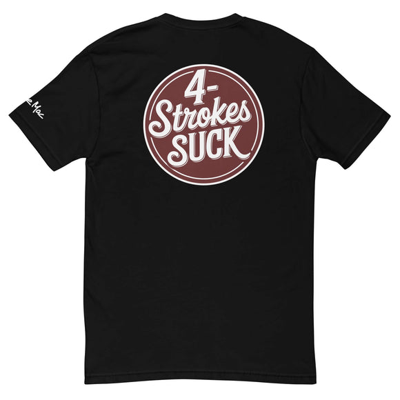 Black "4-Strokes Suck" T-Shirt featuring bold white and brown logo design on chest for moto enthusiasts.