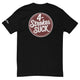 Black "4-Strokes Suck" T-Shirt featuring bold white and brown logo design on chest for moto enthusiasts.