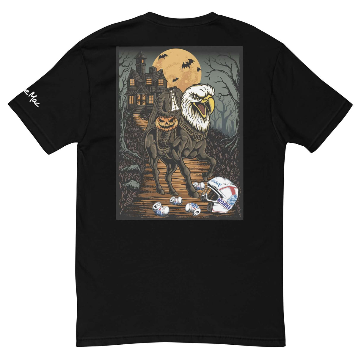 Headless Mac Halloween shirt with eagle-headed horse and pumpkin rider design, featuring spooky haunted house and full moon.