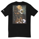 Headless Mac Halloween shirt with eagle-headed horse and pumpkin rider design, featuring spooky haunted house and full moon.