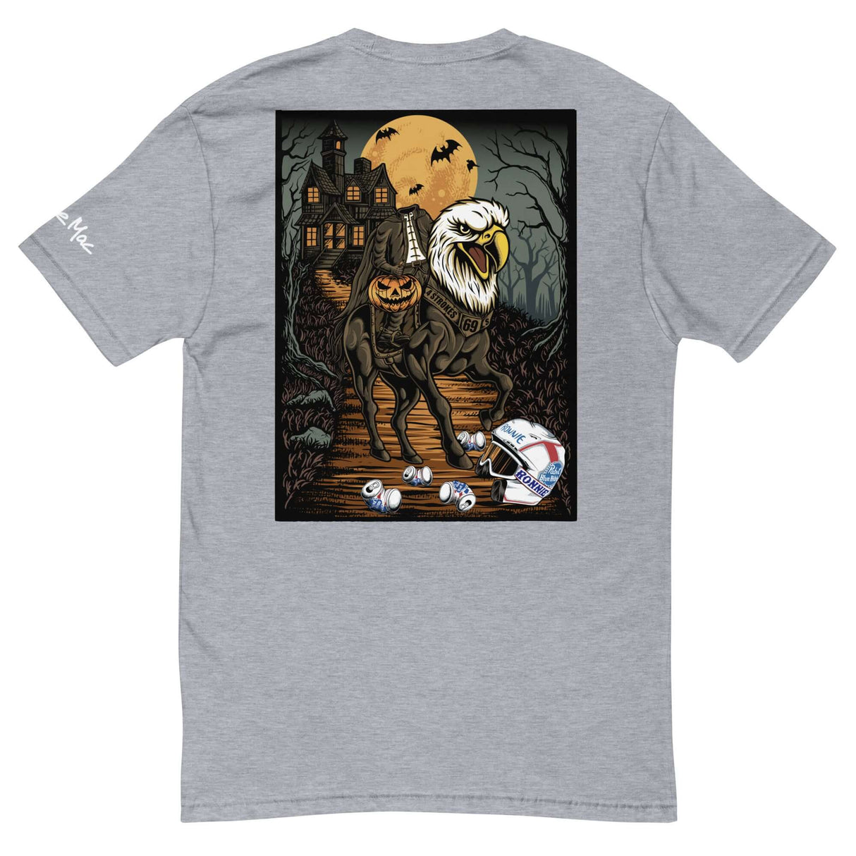 Gray Headless Mac shirt with cartoon of headless rider on eagle-headed horse, holding a pumpkin, in front of spooky haunted house.