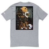 Gray Headless Mac shirt with cartoon of headless rider on eagle-headed horse, holding a pumpkin, in front of spooky haunted house.