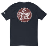 Back view of the black "4-Strokes Suck" T-shirt by Ronnie Mac, featuring bold white text on a round brown emblem.
