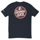 Back view of the black "4-Strokes Suck" T-shirt by Ronnie Mac, featuring bold white text on a round brown emblem.