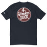 Back view of the black "4-Strokes Suck" T-shirt by Ronnie Mac, featuring bold white text on a round brown emblem.