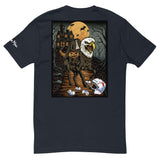 Headless Mac shirt featuring a headless rider on an eagle-headed horse with a pumpkin, set against a spooky Halloween night background.