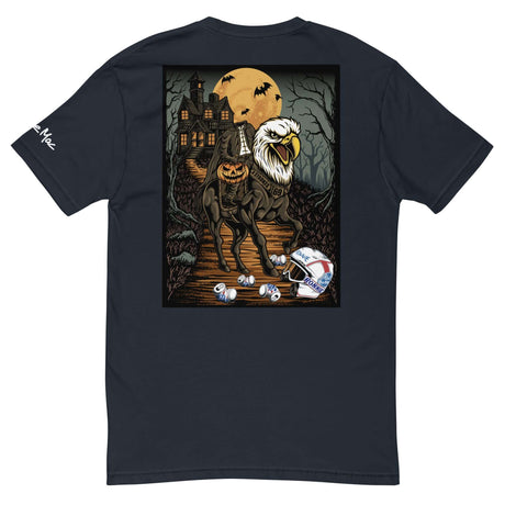 Headless Mac shirt featuring a headless rider on an eagle-headed horse with a pumpkin, set against a spooky Halloween night background.