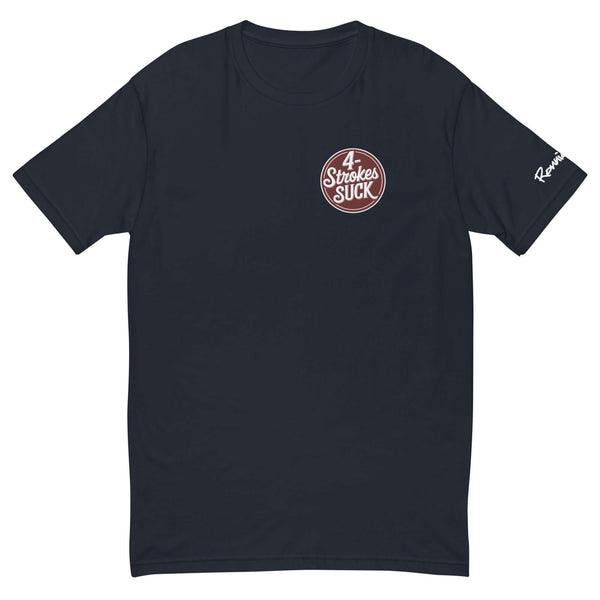 "4-Strokes Suck T-Shirt by Ronnie Mac - Black shirt with bold '4-Strokes Suck' phrase on chest, perfect for moto enthusiasts"