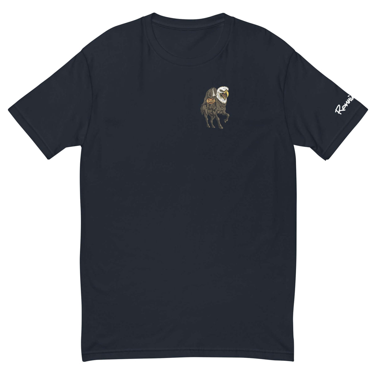 Black shirt featuring a headless rider on an eagle-headed horse holding a pumpkin, inspired by Halloween and Ronnie Mac.
