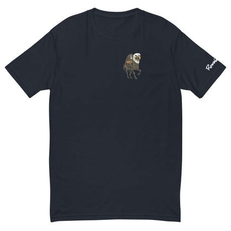 Black shirt featuring a headless rider on an eagle-headed horse holding a pumpkin, inspired by Halloween and Ronnie Mac.