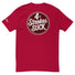 Red "4-Strokes Suck" T-Shirt featuring bold white text and circular design on the back, perfect for moto enthusiasts.