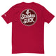 Red "4-Strokes Suck" T-Shirt featuring bold white text and circular design on the back, perfect for moto enthusiasts.