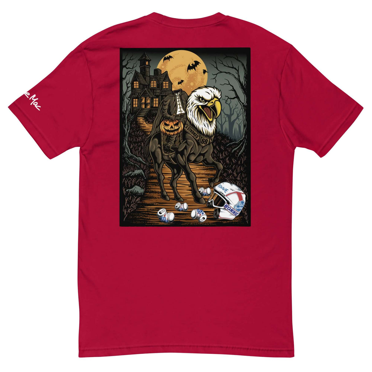 Red Headless Mac shirt featuring a spooky rider with pumpkin head on an eagle-horse in front of a haunted house, moonlit backdrop.
