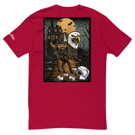 Red Headless Mac shirt featuring a spooky rider with pumpkin head on an eagle-horse in front of a haunted house, moonlit backdrop.