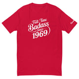 Full-time Badass Since 1969 T-Shirt in red for moto enthusiasts, featuring bold white lettering and Ronnie Mac signature on the sleeve.
