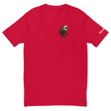 Red Headless Mac Shirt featuring an eagle-headed horse and a pumpkin, capturing a humorous twist on Halloween spirit.
