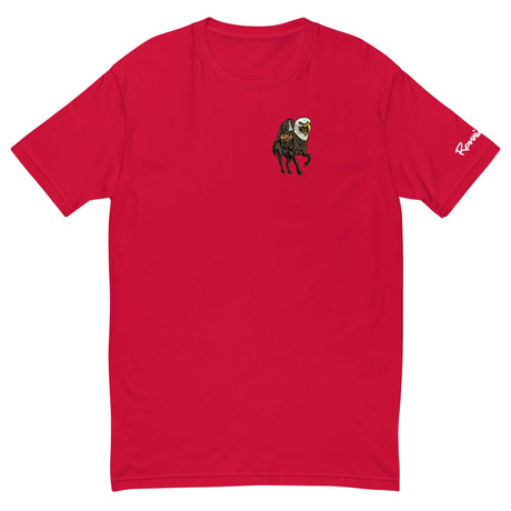 Red Headless Mac Shirt featuring an eagle-headed horse and a pumpkin, capturing a humorous twist on Halloween spirit.